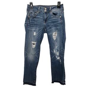American Eagle Artist Crop Jeans Women 4 (28x23) Distressed Denim Raw Hem